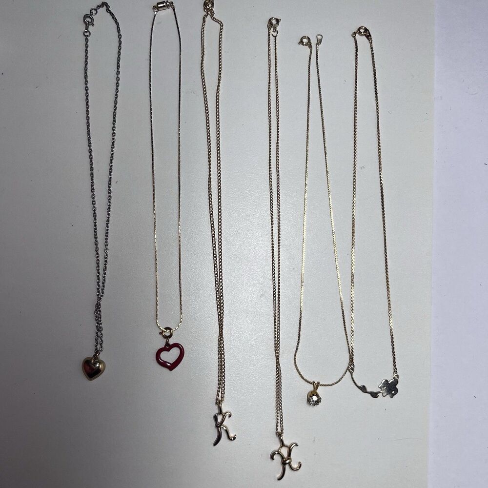 Lot of 6 Dainty Gold Silver Tone Pendant Necklaces Heart Initial K Flower